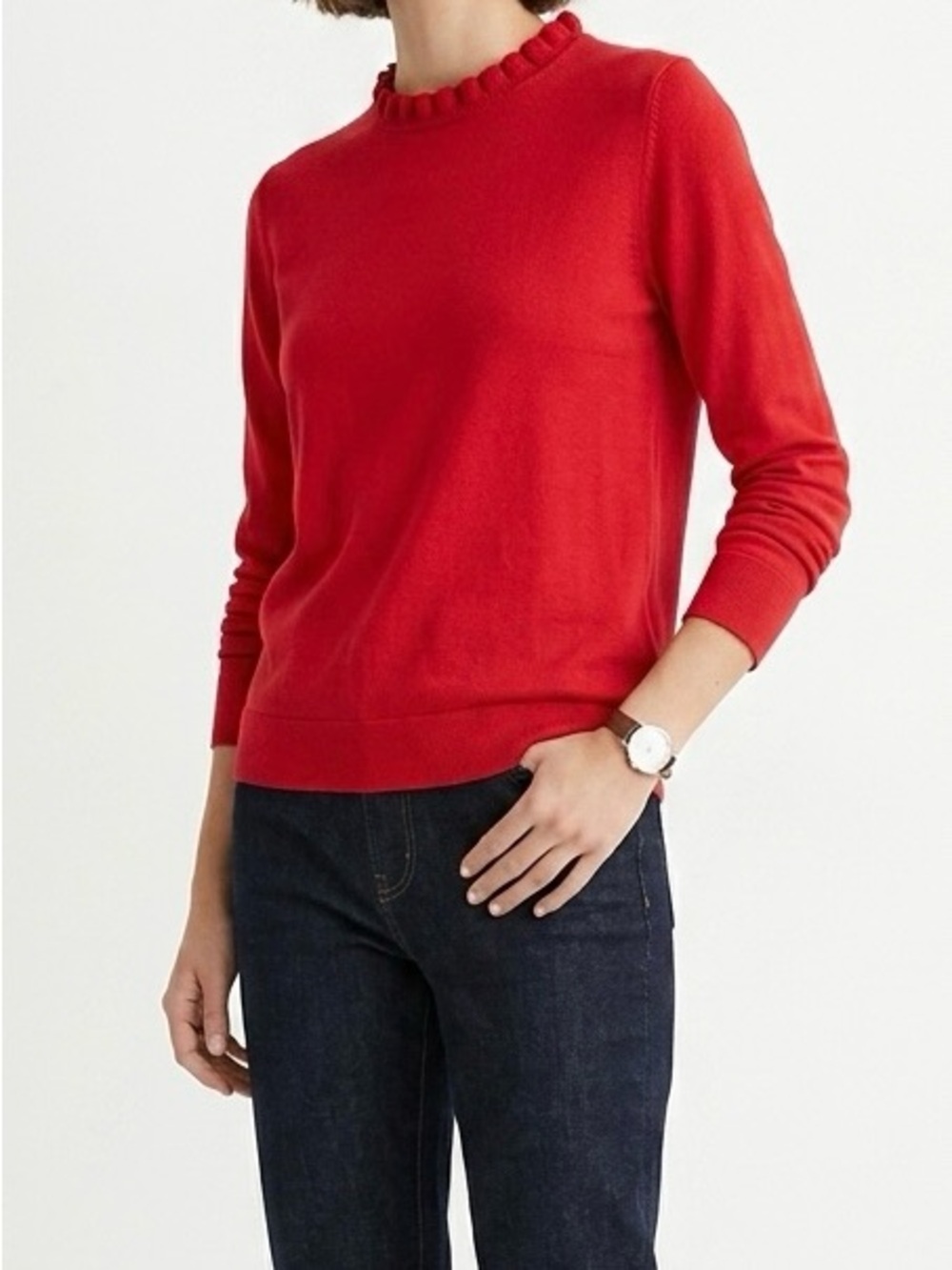 J.Crew Factory Cotton Ruffleneck Sweater Red Large Coquette Romantic Preppy